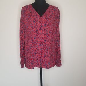 J.Jill Blouse red floral rayon button front long sleeve Shirt Cottagecore